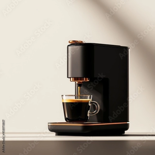 Fototapeta A sleek black coffee machine brewing a cup of fresh espresso on a minimalist countertop, perfect for modern kitchens.