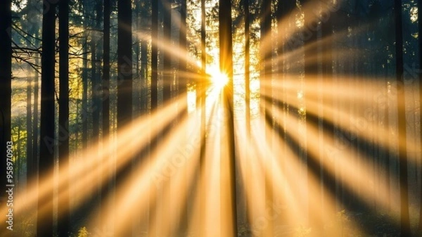Fototapeta Bright morning light streaming through a forest, symbolizing the promise of a new day