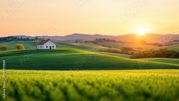 Obraz Bright sunrise over rolling hills, representing hope and new opportunities