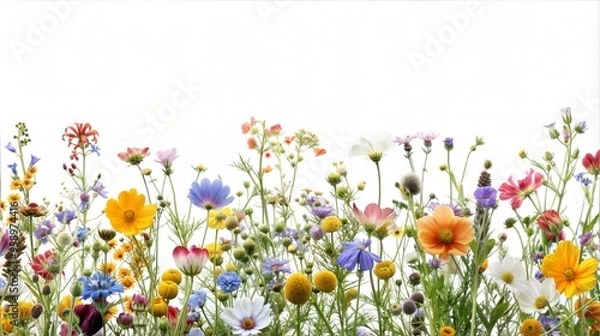 Fototapeta  Vibrant wildflower border with various colorful blooms on a transparent background, nature-inspired design
