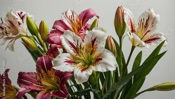 Fototapeta Peruvian lilies, also known as Alstroemeria, beautifully arranged in a simple layout with room for text.