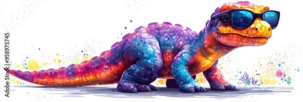 Obraz A colorful dinosaur with sunglasses looks cool and confident.