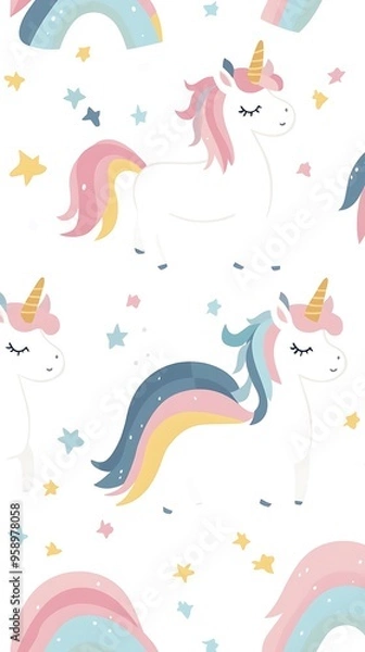 Obraz Whimsical Pastel Unicorn and Rainbow Pattern in Kawaii Style on White Background - Simple and Charming Design