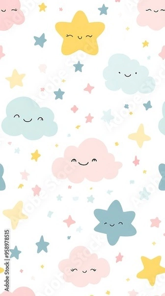 Fototapeta Whimsical Pastel Stars and Clouds Pattern in Kawaii Style on White Background - Cute and Simple Design for Kids