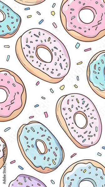 Fototapeta Sweet Pastel Donuts and Sprinkles Pattern in Kawaii Style on White Background