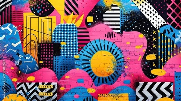 Fototapeta cherry pink memphis pattern. Bright colorful abstract backdrop