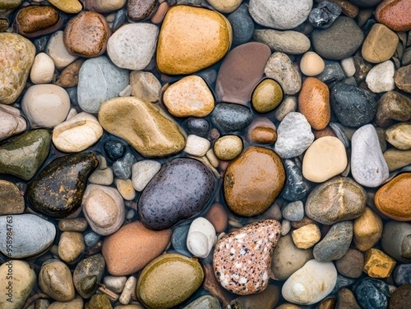 Fototapeta A close-up of smooth, colorful stones, showcasing a variety of textures and patterns.