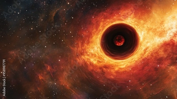 Obraz A cosmic scene depicting a black hole surrounded by vibrant nebulae and stars.