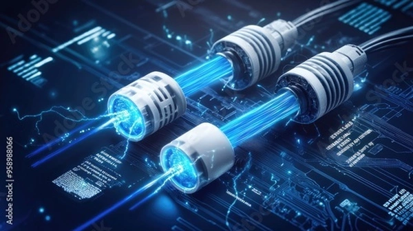 Fototapeta Futuristic energy conduits emitting blue energy beams in a technological setting.
