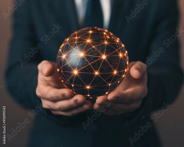 Fototapeta A businessman holds a glowing orb representing global connection and network.
