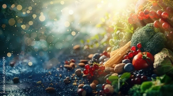 Fototapeta A vibrant display of fresh vegetables and fruits illuminated by soft sunlight, showcasing health and nature's bounty.