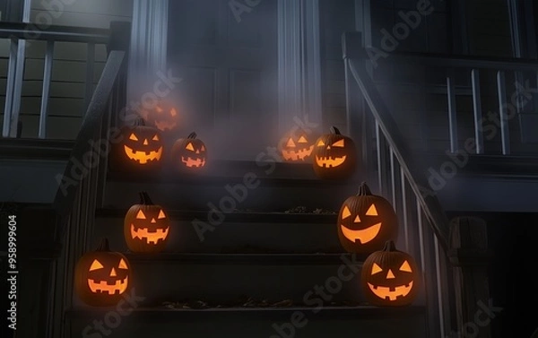Fototapeta Jack-o'-lanterns with glowing expressions line the steps of an old house, surrounded by fog and casting eerie shadows
