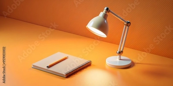 Fototapeta Orange Desk with Lamp, Notebook and Pencil, 3D Rendering, Minimalist, Still Life, Design, Desk Lamp