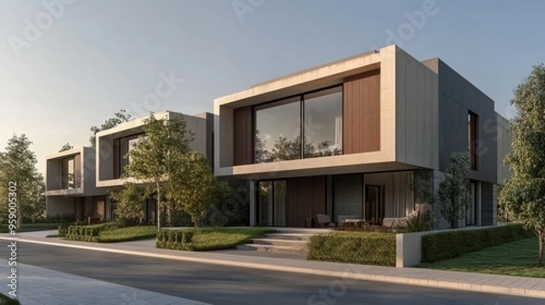 Fototapeta Modern architecture featuring stylish houses with large windows, surrounded by greenery, showcasing contemporary design and elegance.