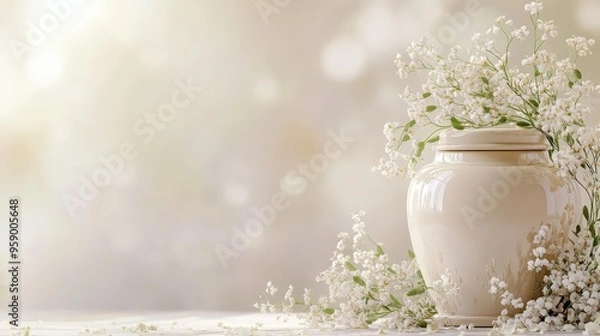 Fototapeta A serene white urn surrounded by delicate flowers in a softly lit indoor space