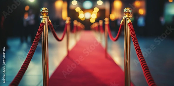 Obraz Red carpet and golden stands for an event, a red rope barrier in front of the entrance to an award ceremony