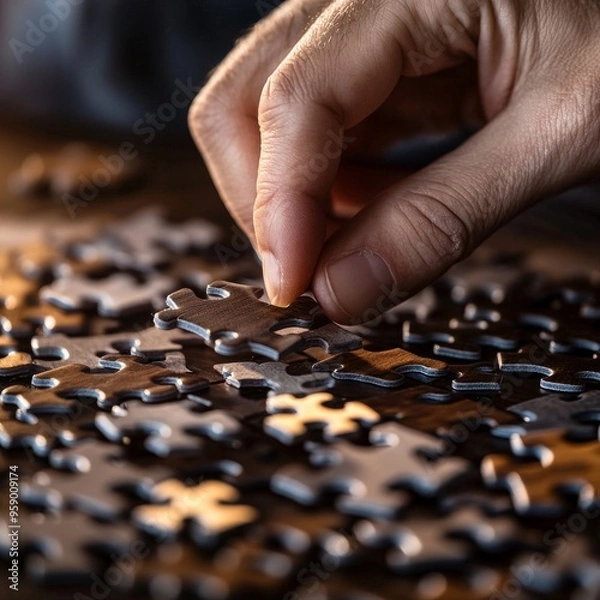 Fototapeta A hand carefully places a puzzle piece into a nearly complete jigsaw puzzle.  The image evokes themes of problem-solving, focus, and completion.