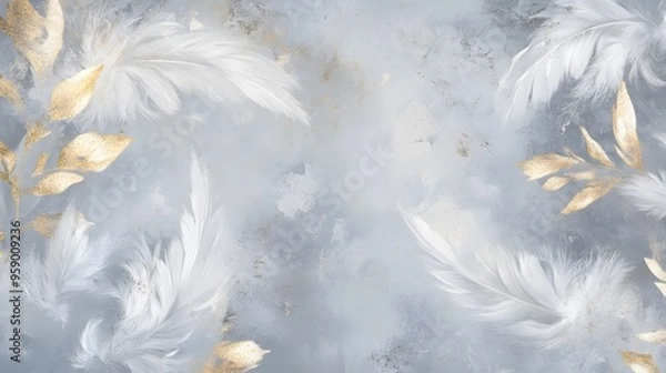 Obraz White and Gold Bird Feather Painting, Abstract Image, Texture, Pattern Background, Wallpaper, Cover and Screen for Smartphone, PC, Laptop, 9:16 and 16:9 Format
