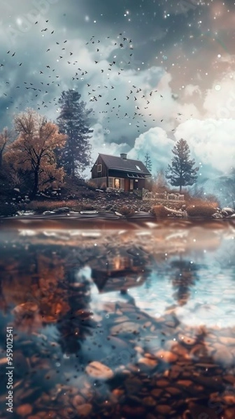Fototapeta Cabin Reflection in a Tranquil Lake