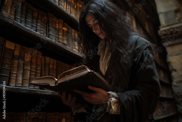 Fototapeta A vampire engrossed in ancient tomes on magic in a dimly lit, dusty library at midnight