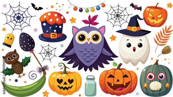 Fototapeta Cute Halloween holiday set - ghost, owl, pumpkin, star, candy, berry, branch, scary face, garland, witch hat, bat, moon, spider, web, jack o lantern isolated on white background. Vector illustration