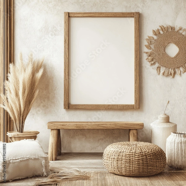 Fototapeta Mockup Frame in Nomadic Boho Interior with Rustic Decor, 3D Render, 4K HD wallpaper 