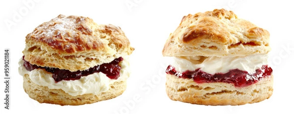Obraz Traditional Scones with Clotted Cream and Jam. Classic scones with clotted cream and jam, isolated on a transparent background. Perfect for afternoon tea and British culinary visuals. PNG File,