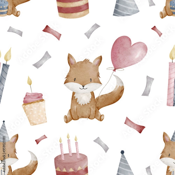 Obraz Holiday seamless pattern with fox, cupcake and confetti. Watercolor pattern on white background