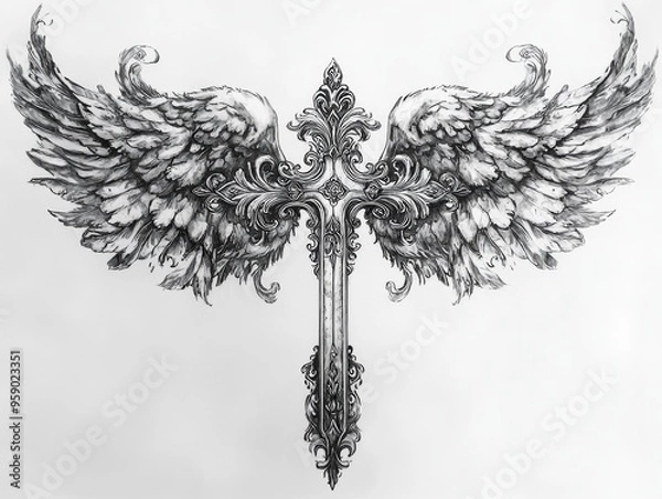Obraz Ornate Cross with Feathered Wings Black Ink Drawing of a Detailed Religious Symbol Tribal