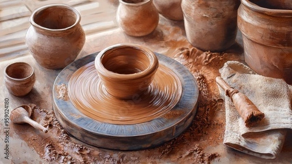 Fototapeta A pottery wheel with clay spinning, surrounded by unfinished clay pots, tools, and a cloth.