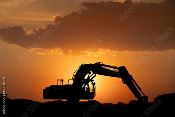 Fototapeta caterpillar with bucket silhouette in the beautiful sunset