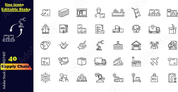 Fototapeta Vector Icon Collection for Supply Chain. This set includes line icons related to the supply chain, value chain, logistics, delivery, manufacturing, and commerce. 