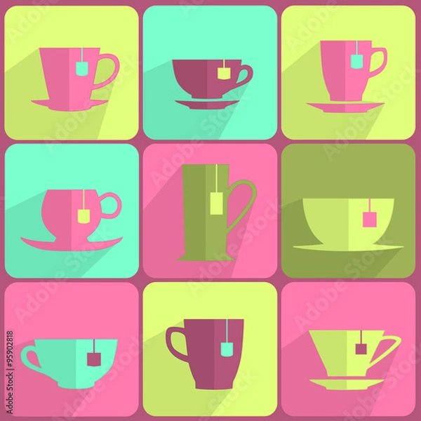 Fototapeta Vector illustration of tea, coffee cups icons in a set. in flat design style.
