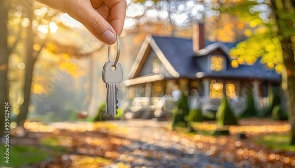 Fototapeta A hand holding keys in front of a charming house surrounded by autumn trees, symbolizing home ownership or real estate investment.