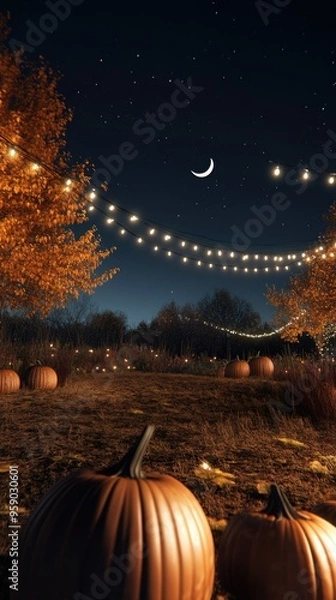 Fototapeta Magical Pumpkin Patch at Night with Glowing Pumpkins and Fairy Lights Under a Crescent Moon