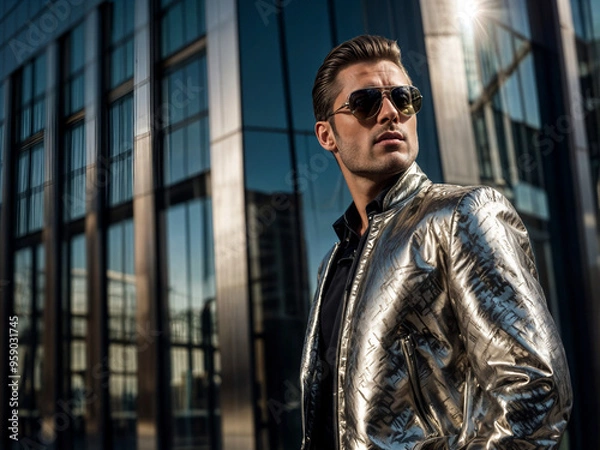 Fototapeta Stylish Man in Jacket and Sunglasses in Urban Setting