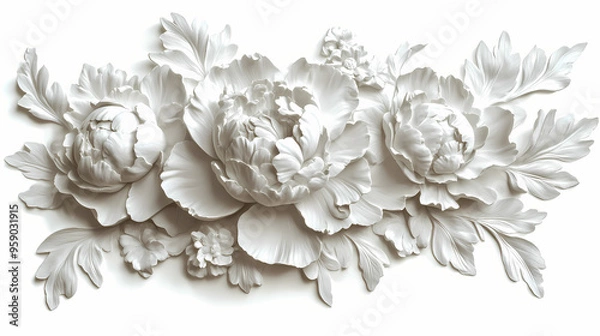Fototapeta Png image of stucco relief of peony blooms with white background, hyperrealism. Hyperrealism. Illustration