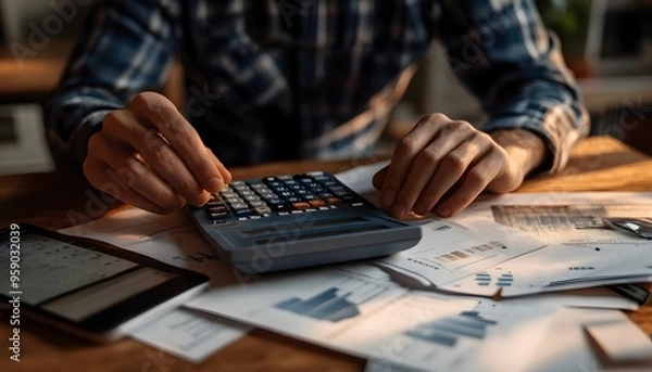 Fototapeta Close-up of Hands Using Calculator with Bills and Phone on Wooden Table