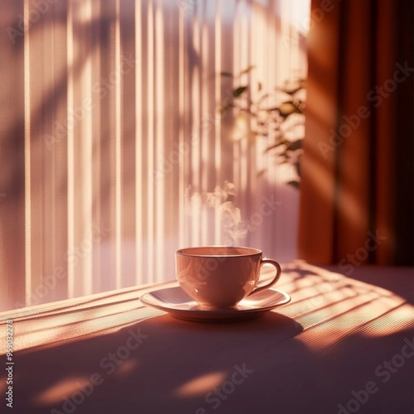 Fototapeta A steaming cup of coffee sits on a windowsill, bathed in warm morning light streaming through sheer curtains.
