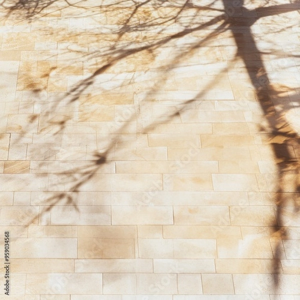 Fototapeta A tree's shadow falls across a stone wall, creating a pattern of light and dark.