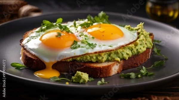 Fototapeta Toast with guacamole and fried egg.