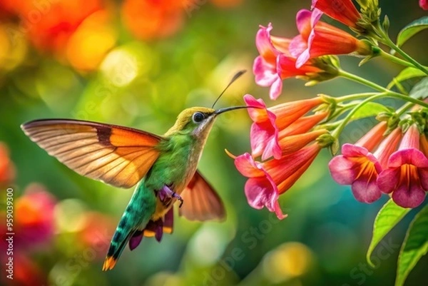 Fototapeta Vibrant green and orange hummingbird moth with iridescent wings and long proboscis feeds on nectar from a delicate, pink, trumpet-shaped flower in warm sunlight.