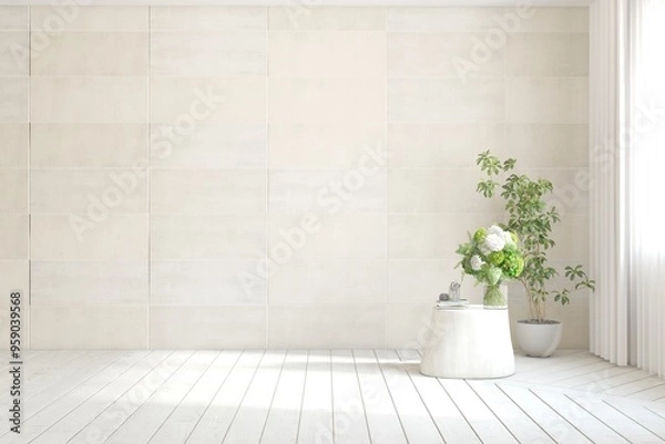 Fototapeta White empty room. Scandinavian interior design. 3D illustration