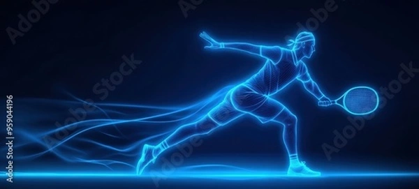 Fototapeta Dynamic tennis player in blue neon light serves on a dark background during a competitive match, showcasing speed and agility