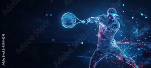 Fototapeta A digital tennis player striking a ball in a futuristic style with neon effects that showcase energy and movement in a dark background