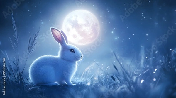 Fototapeta Chinese Zodiac Rabbit with Moon Symbols: A rabbit depicted under a full moon, with lunar symbols and soft, mystical lighting, representing tranquility and reflection.
