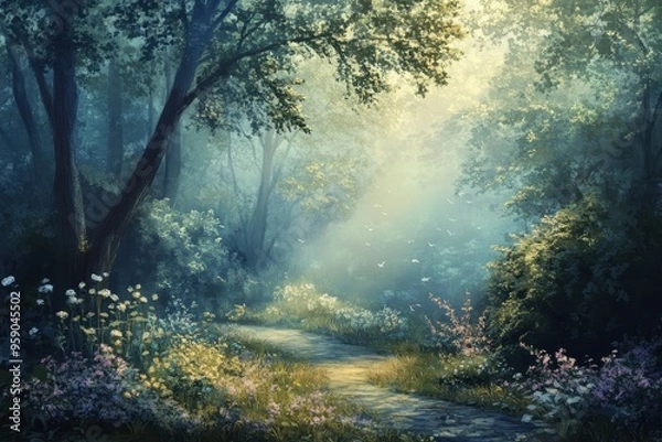 Fototapeta A Path Through a Misty, Enchanted Forest