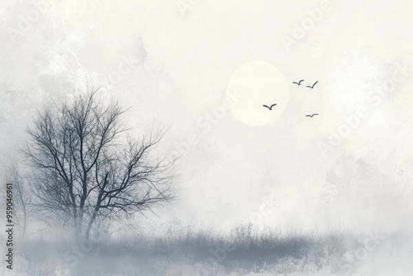Fototapeta A lone tree silhouette against a white sky with a bright orb and flying birds