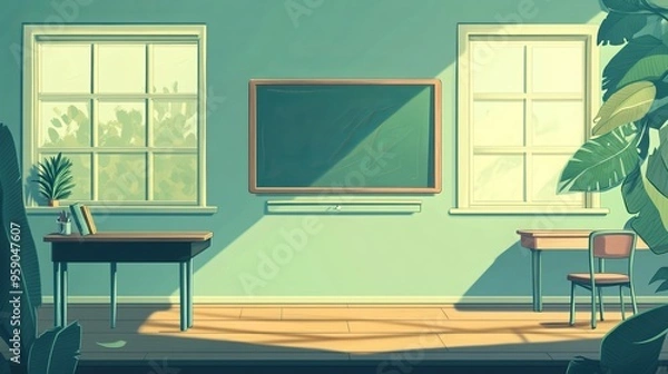 Fototapeta A deserted classroom's interior design is softly obscured in the backdrop. An empty classroom with a desk, chair, and blackboard at school. Not a soul is present. Cartoonish in style.