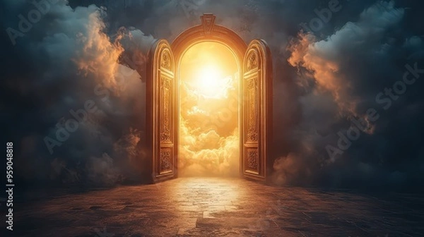 Fototapeta golden door opens to a glowing, heavenly light amidst dark clouds, symbolizing hope, spiritual awakening, and a journey toward enlightenment.